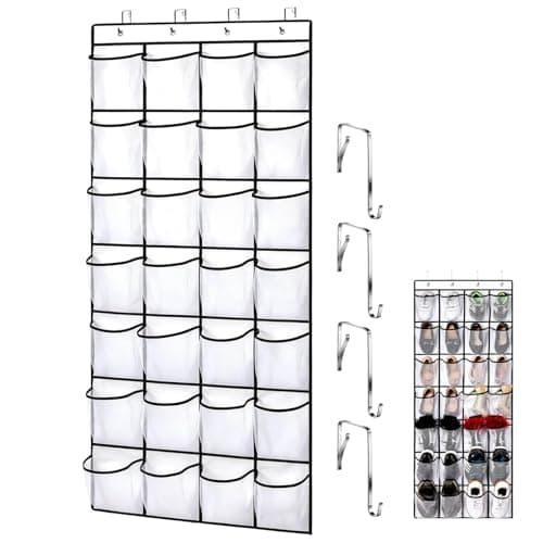 EVTHUR Over Door Shoe Storage Organiser 28 Large Mesh Pockets Hanging Shoe Rack Holder with 4 Hooks, Back of Wardrobe Door Storage Tidy for Shoes & Small Items (White)