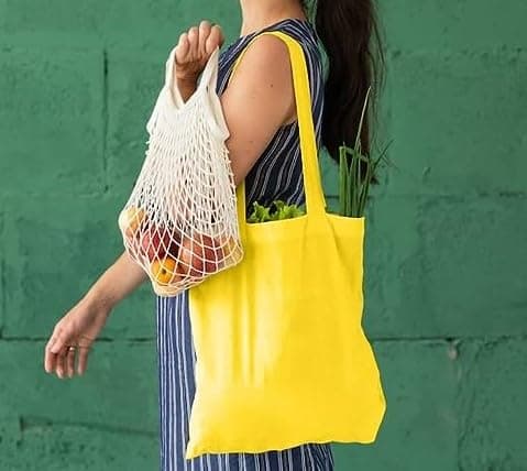 Wonky Line Premium Cotton Tote Bag, Eco-Friendly Shopping Bag, 100% Cotton Canvas, Reusable Grocery Cloth Bag, Extra Strong Long Handle Double Stitched Ideal for Printing (Yellow) — view 2