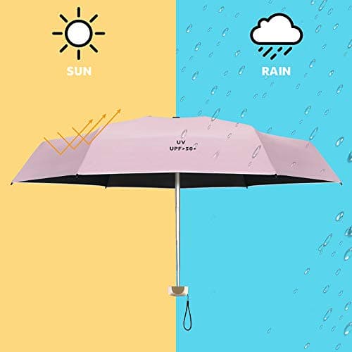 Vicloon Mini Umbrella, Pocket Umbrella （Pink） with Golden Handle, 210T Black Rubber Cloth & 6 Aluminum Alloy Ribs, Foldable Compact Travel Umbrella, UPF>50+ UV Resistance — view 4