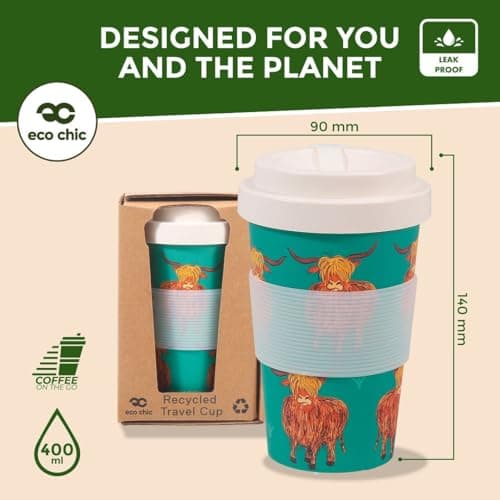 ECO CHIC Recycled Travel Coffee Cup 400ml Microwave Dishwasher Safe Plastic Travel Mug (Highland Cow Teal) — view 3
