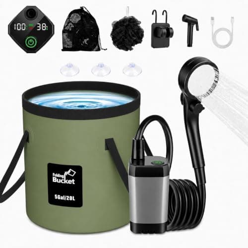 Romicta Portable Shower for Camping, 6000mAh Rechargeable Camping Shower with Intelligent LED Display, Foldable Bucket, 4 Spray Modes, IPX7 Waterproof Outdoor Camp Pump for Hiking, Travel, Car, Pet