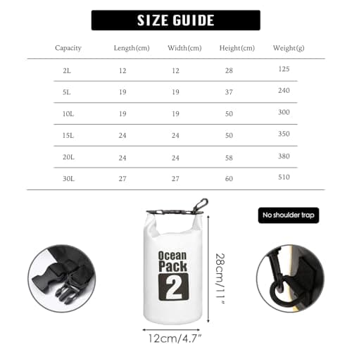 MORAINJAY 2L White Dry Bag,Waterproof Bag with D Ring Carabiner,Small Capacity Dry Sack 2L 5L 10L 15L 20L 30L for Outdoor Camping,Rafting,Swimming,Boating,Surfing — view 2