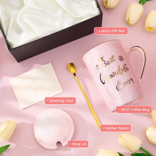Doublewhale Grandma Gifts, Grandma Christmas Birthday Gifts for Nana, Nan, Granny, Gran Gift, 14OZ Pink Ceramic Coffee Mug Gift from Granddaughter Grandson with Spoon Lid Card, Nice Box — view 6