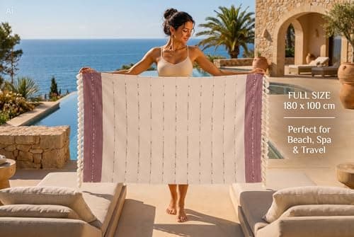 WEFLORIA Turkish Peshtemal Towel – 100% Cotton, Lightweight & Quick Dry Beach & Bath Towel, Large Hammam Towel with Tassels, Gift Box Packaging (Sage Green/Red & Cream) (Red&Beige) — view 2