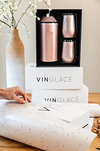 Vinglacé Wine Bottle Chiller Gift Set- Portable Stainless Steel Wine Cooler with 2 Stemless Wine Glasses, Rose Gold — view 3