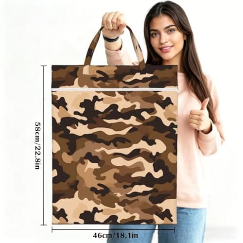 Brown Camouflage Travel Laundry Bag With Handle, 1 Pc Large Waterproof Dirty Clothes Bags With Zipper, Foldable Swimsuit Workout Bag Washable Wet Clothes Storage Organizer For Dorm — view 3