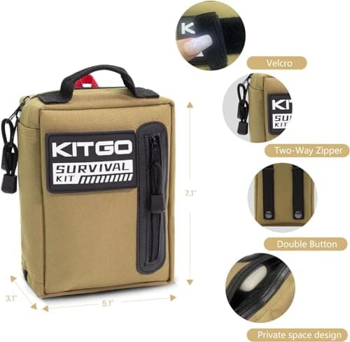 Kitgo Camping Survival Kit First Aid 108 Piece Professional Emergency Survival Gear Tool for Hunting Hiking Outdoor Adventure Fishing Travel Military Tropical Storms (Khaki) — view 3