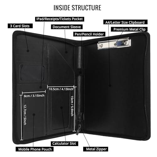 GraduatePro A4 Clipboard Folder Leather Zipped Portfolio Conference Presenter Document with Tablet Business Waterproof Organizer Sleeves Black — view 3