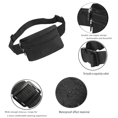 Bumbags Waist Fanny Pack Ladies Fashion Bum Bag with Adjustable Belt for Sport Hiking Girls Women Men (Black) — view 3