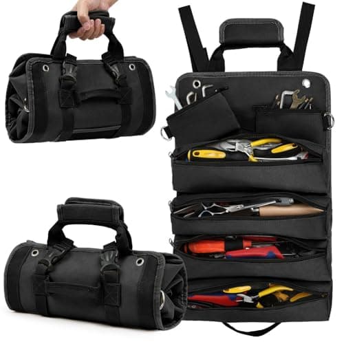 Adiwo Tool Bag, Foldable Roll Up Heavy Duty Bag Organizer, Tool Roll Pouch with 2 Detachable Tool Pouch, Multi Purpose Organizer for Mechanics, Great Gifts for Grandpa Dad Boyfriend, Black