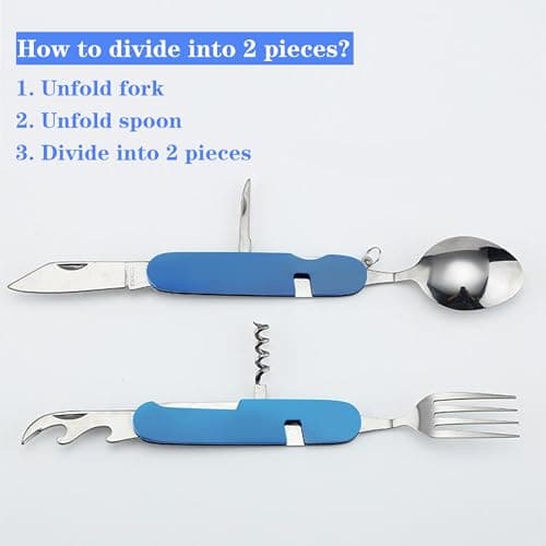 FUZVOL Folding Camping Cutlery Set Stainless Steel Portable Utensil 6 in 1 Multitool Outdoor Tableware for Travel, Hiking, Picnic (2 Pack), Blue+Red — view 5