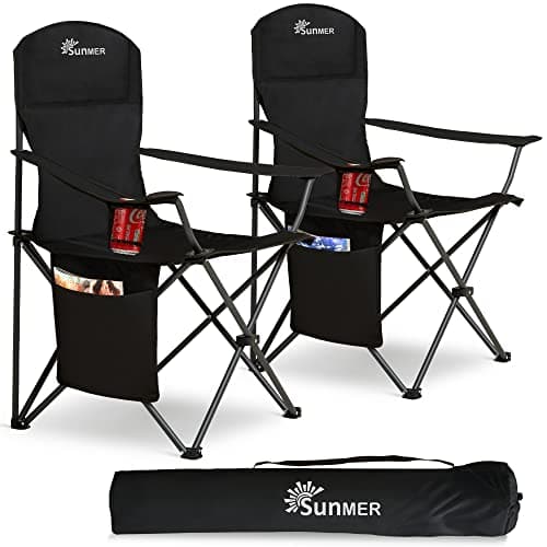 SUNMER Folding Camping Chairs - Set of 2, Extra-Wide Lightweight Outdoor Chairs with Armrests, Cup Holder and a Side Pocket - 120kg Capacity per Chair - Professional Travel & Garden Seating - Black