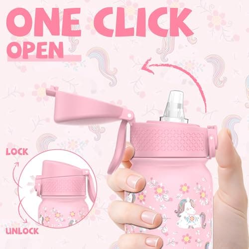 GOPPUS 350ml/12oz Kids Stainless Steel Water Bottle with Straw Toddler Drinks Bottle with Handle Small Insulated Bottles for Girls School Cold Metal Flask with Flip Top Lid BPA Free (Pink Unicorn) — view 3
