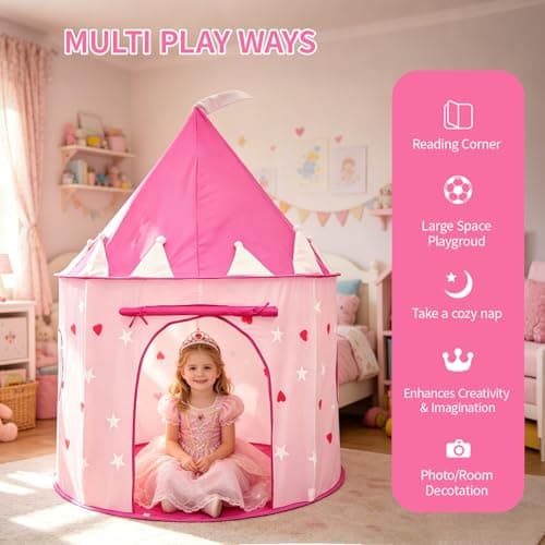 ROIWUIE Princess Castle Pop Up Tent – Kids Pink Playhouse Tent for Girls with Glow in The Dark Stars, Indoor/Outdoor Foldable Pink Play Tent Fabulous Gift for Little Girls — view 5
