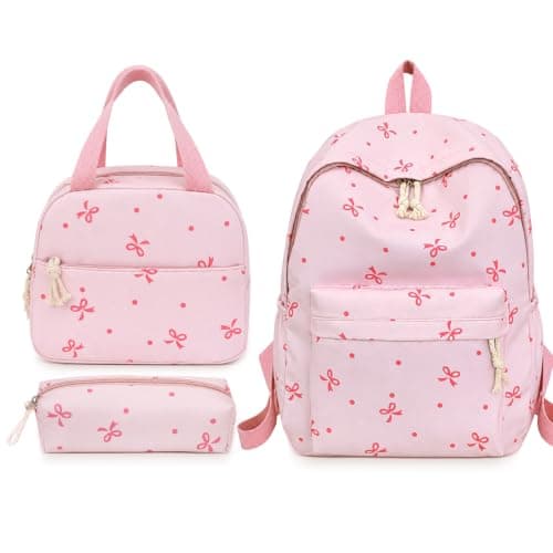 3-Piece Bow School Bag Set, Adorable Bow Bag, Pink Girls Backpack for School, Polyester Backpack + Lunch Bag + Pencil Case, for Teens Students Daily Use, Commute Travel Hiking Camping