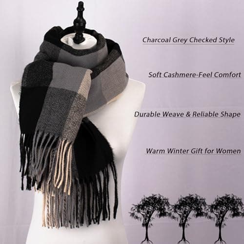 Women's Checked Winter Scarf, Charcoal Grey and Beige, Fringed Ends — view 2