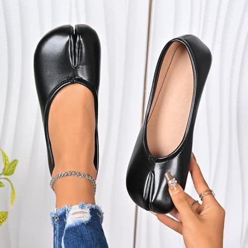 Women's Split Toe Shoes Casual Slip-On Dance Shoes Lightweight Solid Color Japanese Style Walking Shoes Comfortable Wide Width Footwear for Ladies Work Travel Holiday Beach Daily Wear (Black, 6 UK) — view 5