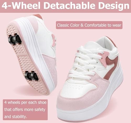 Roller Skate Shoes for Women Girls Sneakers with Detachable Wheels Sport Shoe Suitable for Halloween Christmas Birthday Party Gifts Pink — view 3