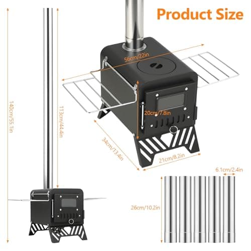 Camping Tent Stove, Foldable Tent Wood Burning Stove, Portable Hot Tent Wood Stove with Windproof Chimney for Outdoor Camping Cooking, Black — view 2