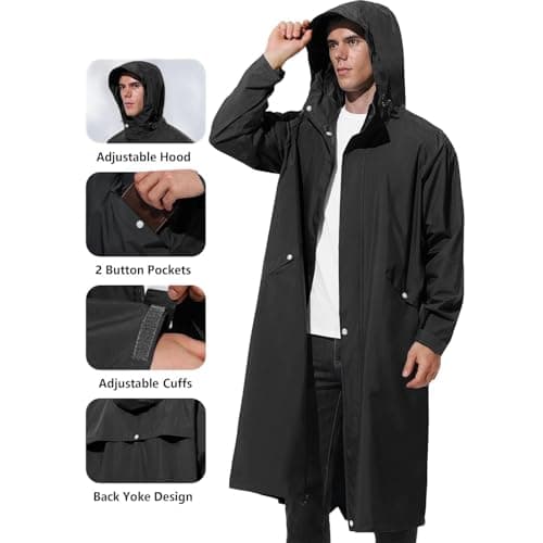 Packable Waterproof Jacket Mens Long Raincoats for Men Pack Away Hooded Rain Jackets Baggy Water Resistant Windbreaker Windproof Showerproof Coat with Hood Fishing Clothes Tall — view 6