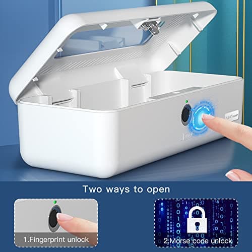 AICase Biometric Fingerprint Storage Box, Portable Cash Jewelry Security Case Lock Box Safe,Combination Lock for Car, Home,Office Travel (white-small) — view 2