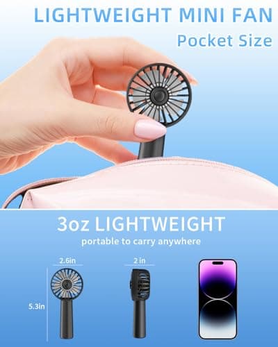 Portable Handheld Fan, Small Personal Hand Fan with 3 Speeds 1800mAh USB Rechargeable, Mini Hand Held Fan for Makeup Eyelash, Travel Gifts for Girls Women Kids — view 4