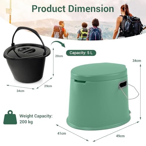 COSTWAY 5L Portable Travel Toilet with Seat, Handle, Lid and Roll Holder, Outdoor Indoor Lightweight Compact Toilet for Hiking, Fishing, Camping Festivals Use, Hold Up to 200kg (Green) — view 6