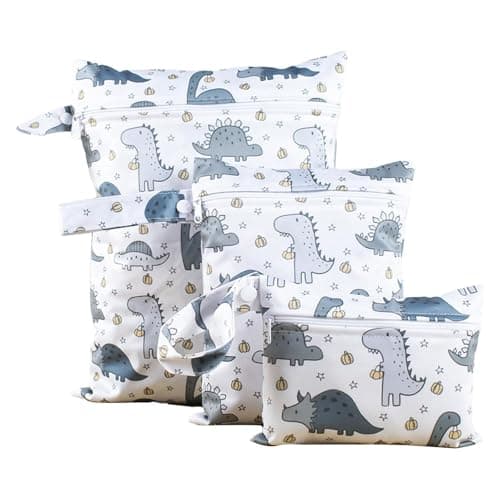 ZKFSIE 3 Pcs Reusable Waterproof Wet Bags, Nappy Bag Organiser, Wet Dry Bag, Dinosaur, Rainbow & Bear Patterns for Swim, Travel, Camping Beach Gym Organiser