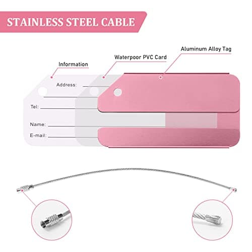 Luggage Tags, 2Pcs Aluminum Alloy Baggage Labels, Suitcase ID Tag Set, Handbag Tag Labels Travel Accessories for Checked Luggage, Hand Luggage and Handbags - Pink & Black — view 3