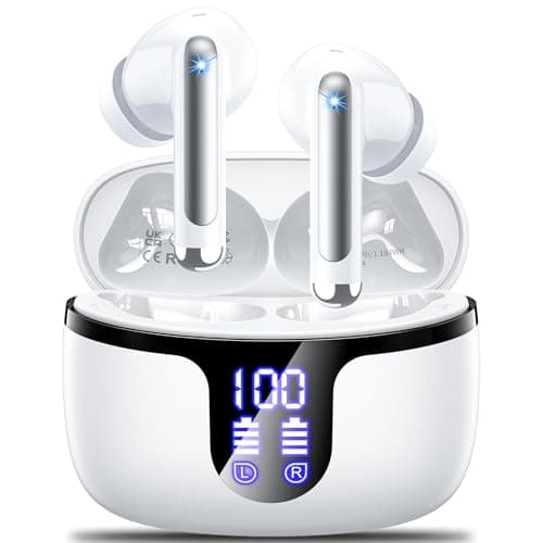 Wireless Earbuds Bluetooth 5.4 Headphones in Ear with 4 ENC Noise Cancelling Mic 2026 New Ear buds 42h Playtime HiFi Stereo Deep Bass Earphones IP6 Waterproof LED Display Bluetooth Earbuds USB-C White