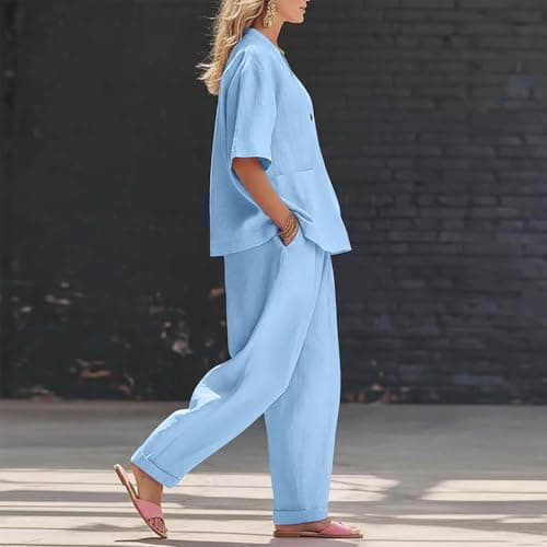 womens gym set Co Ord Sets for Women Cotton Linen 2 Piece Plus Size V Neck Tops & Wide Leg Trousers Summer Fashion Loose Comfy Vacation Travel Airport Outfits Light Blue XL — view 4
