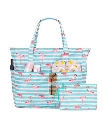 Large Beach Bag with Zip and Wet Compartment Beach Tote Bag, Flamingo