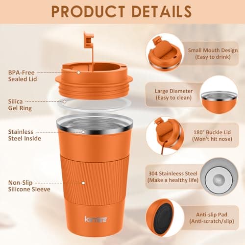 Travel Mug:KETIEE Insulated Coffee Cup with Leakproof Lid, Reusable Coffee Cups Travel, Double Walled Coffee Travel Mug, Stainless Steel Coffee Mug for Hot Cold Drinks, 380ml Orange Brown — view 2