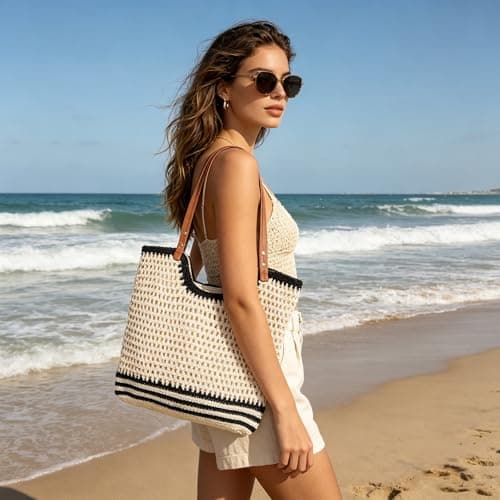 GLITZALL Beach Tote Bag for Women Cotton Rope Woven Shoulder Bag, Large Crochet Summer Handbag with with Faux PU Handles, Lightweight Travel Shopper Bag for Holiday Beach Shopping Everyday — view 2
