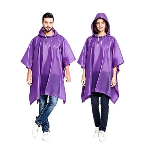 Rain Ponchos for Adults, Emergency Use, 2 Pack, Reusable, Hooded, Purple