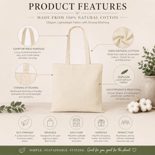 Cotton Canvas Tote Bags, Bulk Pack of 10 100% Natural Cotton Blank Shopping Bags for Printing, Crafting & Personalisation, Reusable Eco-Friendly Tote Bags with Long Handles (38 x 42cm, 110gsm) — view 4