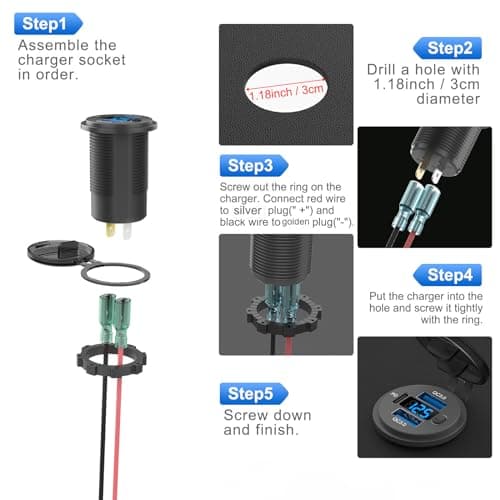 12V USB Outlet, 56W 12V USB Socket Car Charger with Dual QC 3.0 and PD 3.0 Three Car USB Port, Waterproof Car USB Charger Multi Port with Power Switch LED Voltmeter for Car Boat Marine Truck RV, etc. — view 5