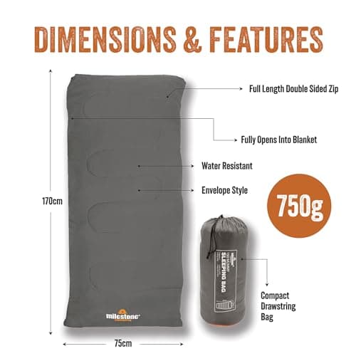 Milestone Camping Rectangle Sleeping Bag for Adults & Kids / 2 Season Sleeping Bag for Camping, Hiking, Festivals & Outdoor Adventures/Insulated Filling/Grey & Orange / 170 x 75cm 26700 — view 2