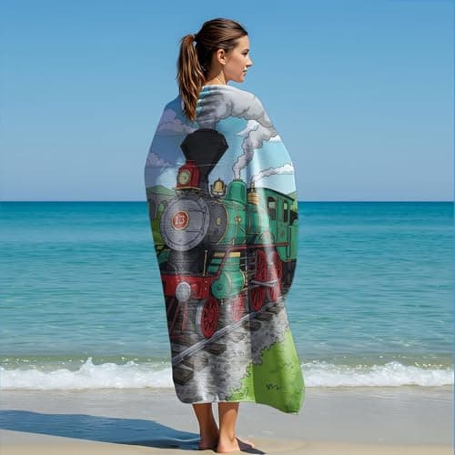 Vintage Train Travel Poster Beach Towel Retro Railroad Gifts for Train Lover Microfiber Sand Free Quick Dry Travel Bath Towel (style4,130cm x 80cm) — view 2