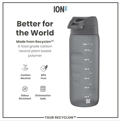 ION8 Sports Water Bottle, 750 ml/24 oz, Leak Proof, Easy to Open, Secure Lock, Dishwasher Safe, BPA Free, Flip Cover, Carry Handle, Soft Touch Contoured Grip, Easy Clean, Odour Free, Grey — view 5