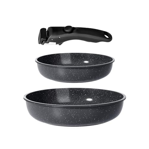 GiPP 3PCS Pots and Pans Set Non Stick,Granite Nonstick Kitchen Cookware Set with Detachable Handle, PFAS & PFOA Free, RV Cookware Set for Camping, Oven Safe(Grey,3PCS)