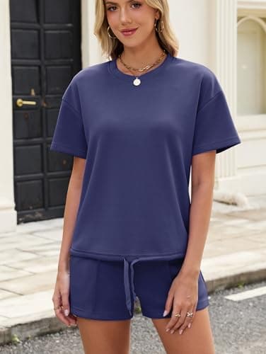 Famulily Short Summer Sets Women 2 Piece Outfits Loungewear Travel Tracksuit Oversized T Shirts Elastic Waist Shorts with Pockets (XL, Navy Blue) — view 2