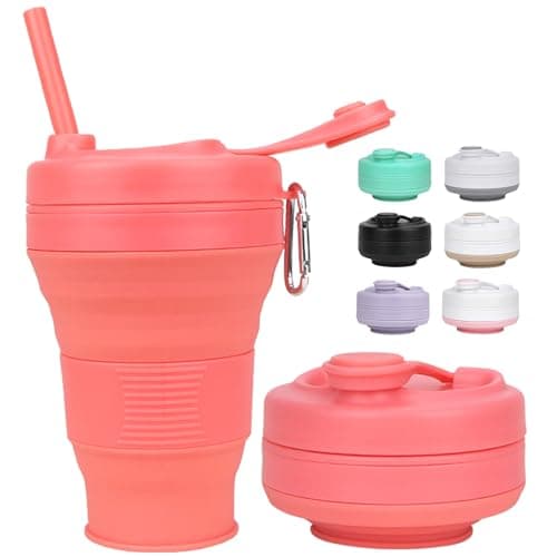 MOMAHUA 600ml/20oz Collapsible Coffee Cup with Lids,Orange Silicone Portable Large Capacity Water Cups,Reusable Coffee Mug,Foldable Camping Travel Cup Fits in Your Pocket,Folding Mug Collapses to 6cm
