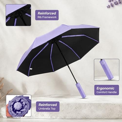Automatic Travel Umbrella, Compact Windproof Folding Umbrella with One-Touch Auto Open & Close, UPF 50+ UV Protection, Lightweight Portable Rain Umbrella, Fibreglass Frame for Men & Women (Lavender) — view 3