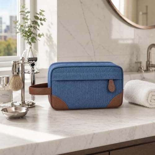 Vintage Canvas Toiletry Bag for Men, Water-Resistant Travel Wash Bag with Multiple Compartments, Portable Shaving Dopp Kit and Makeup Organizer for Holiday Essentials, Blue — view 6