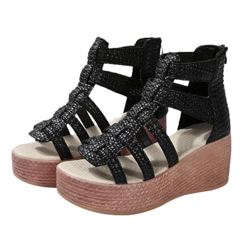 Women's Summer Sandals Wedge with Zip Roman Travel Slippers Open Platform with Non-Slip Sole Soft Footbed Breathable Walking Slides for Beach Holiday, Black, 5 UK