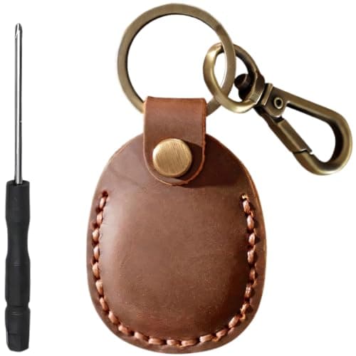 Genuine Leather AirTag Keyring Holder Compatible with Apple AirTags Keychain, Anti Lost Anti Scratch Secure Key Ring Case for Pet Collar Luggage Travel, Full Cover Protective Air Tags Key Chain, Brown