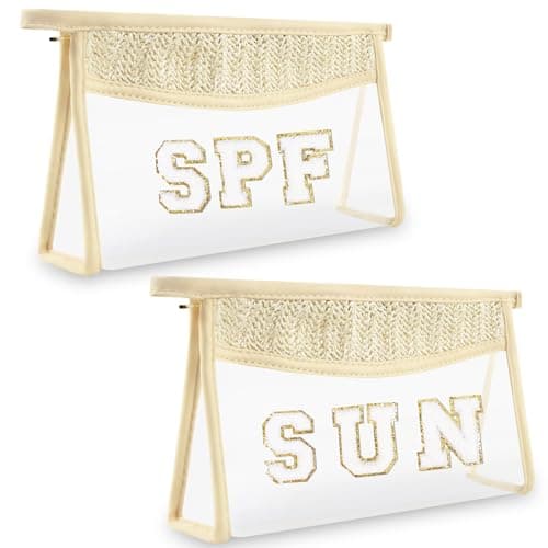 2 Pcs Boho Straw Clear Makeup Letter Pouch, Sunscreen Pouch for Beach Travel, Waterproof Beach Toiletry Sun Bag Accessories for Women