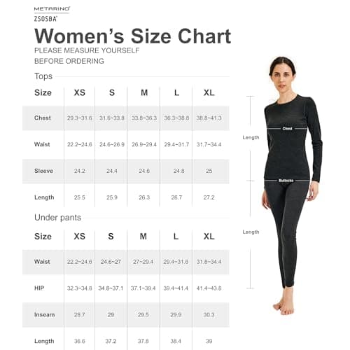 ZSOSBA METARINO Women 100% Merino Wool Base Layer Set Thermal Underwear Casual Top,Bottom for Hiking Travel Skiing, Black, XL — view 6