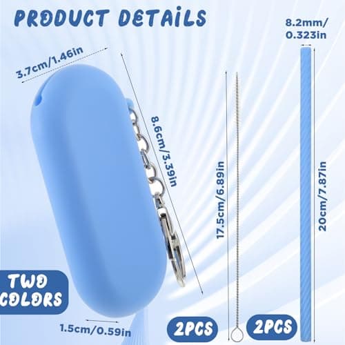 2 Sets Silicone Straws Reusable, Portable Foldable Travel Straw with Case and Cleaning Brush Collapsible Drinking Straws for Travel Party (Pink and Blue) — view 2